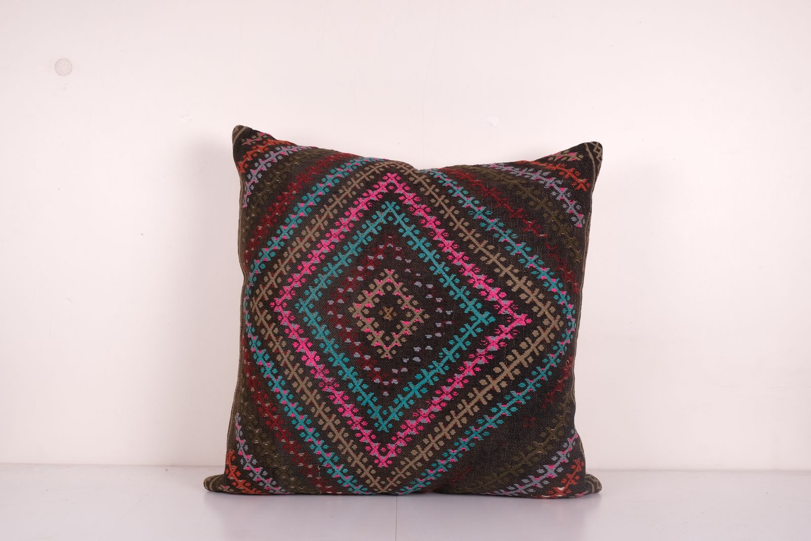 Geometric Turkish Kilim Pillow Cover, Anatolian Kilim Square Pillow Cover, Unique Patterned Throw Pillow 28'' X 28''