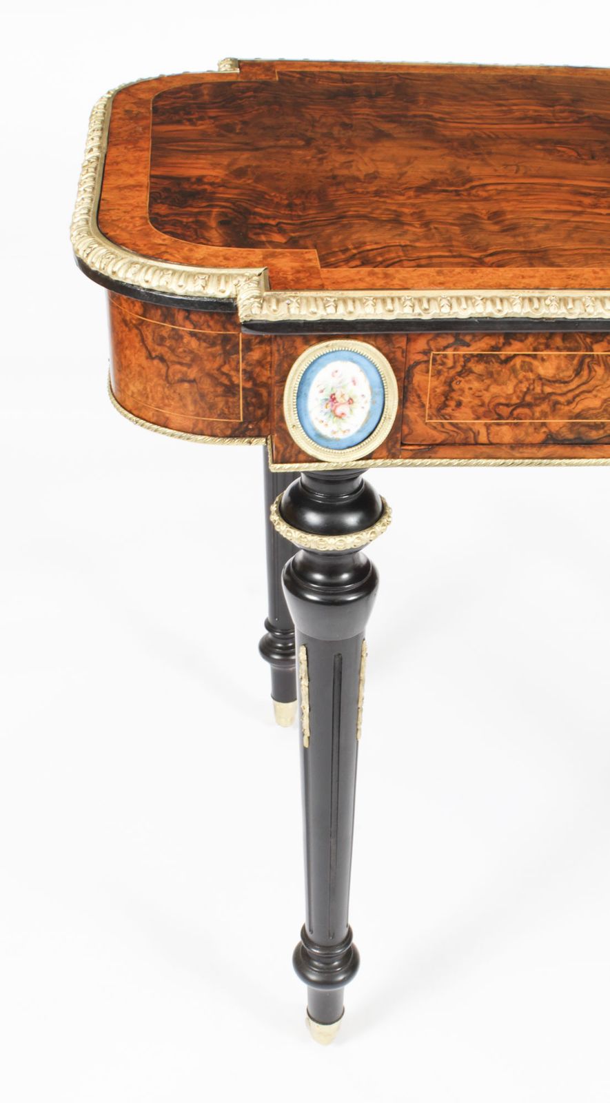 photo for sale Antique French Burr Walnut Sevres & Ormolu Mounted Writing Desk   19th C