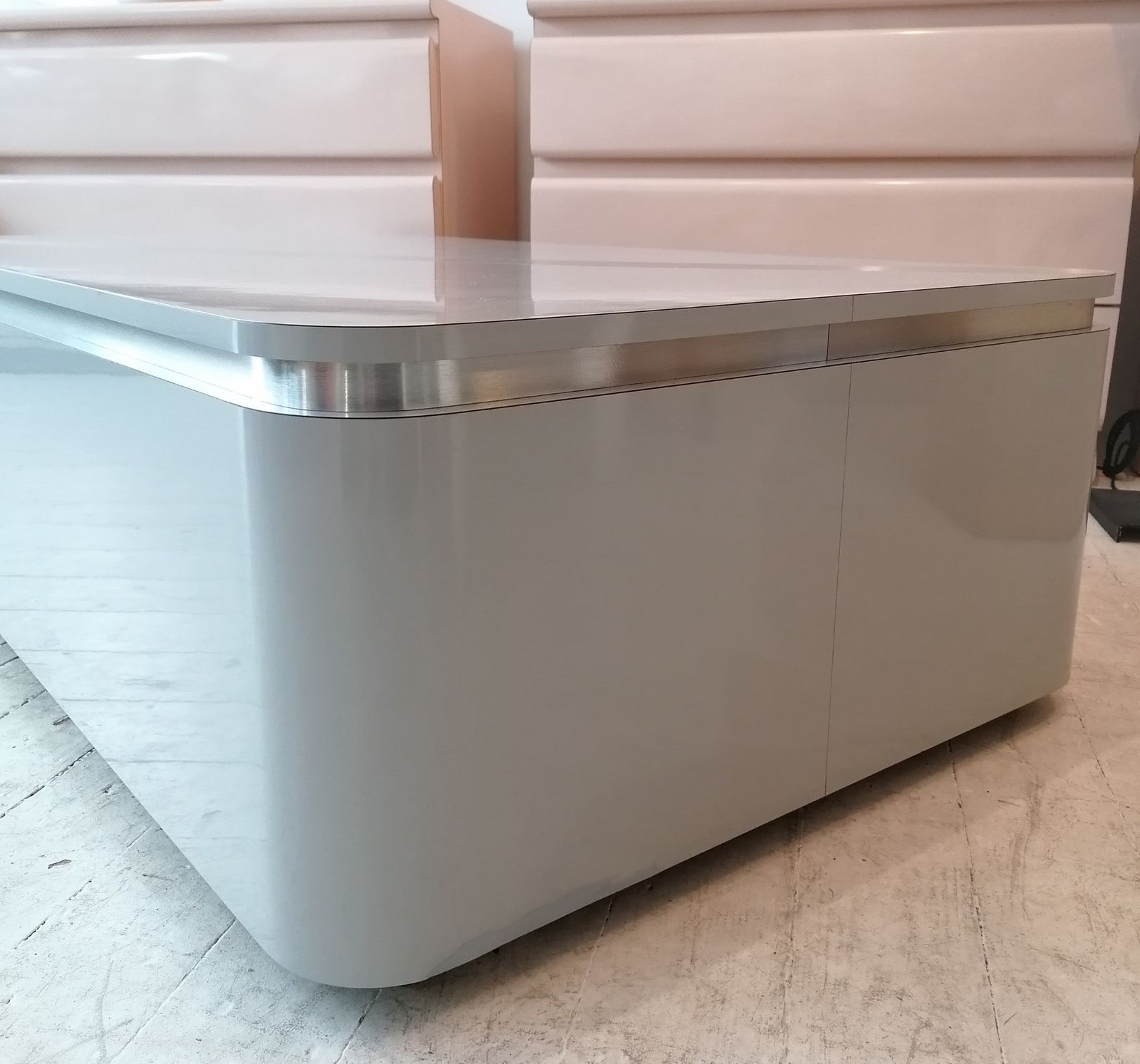 Furniture Large Post Modern Vintage 1980s American Grey Laminate Coffee Table With Inlaid Steel Stripe & Recessed Trim. photo