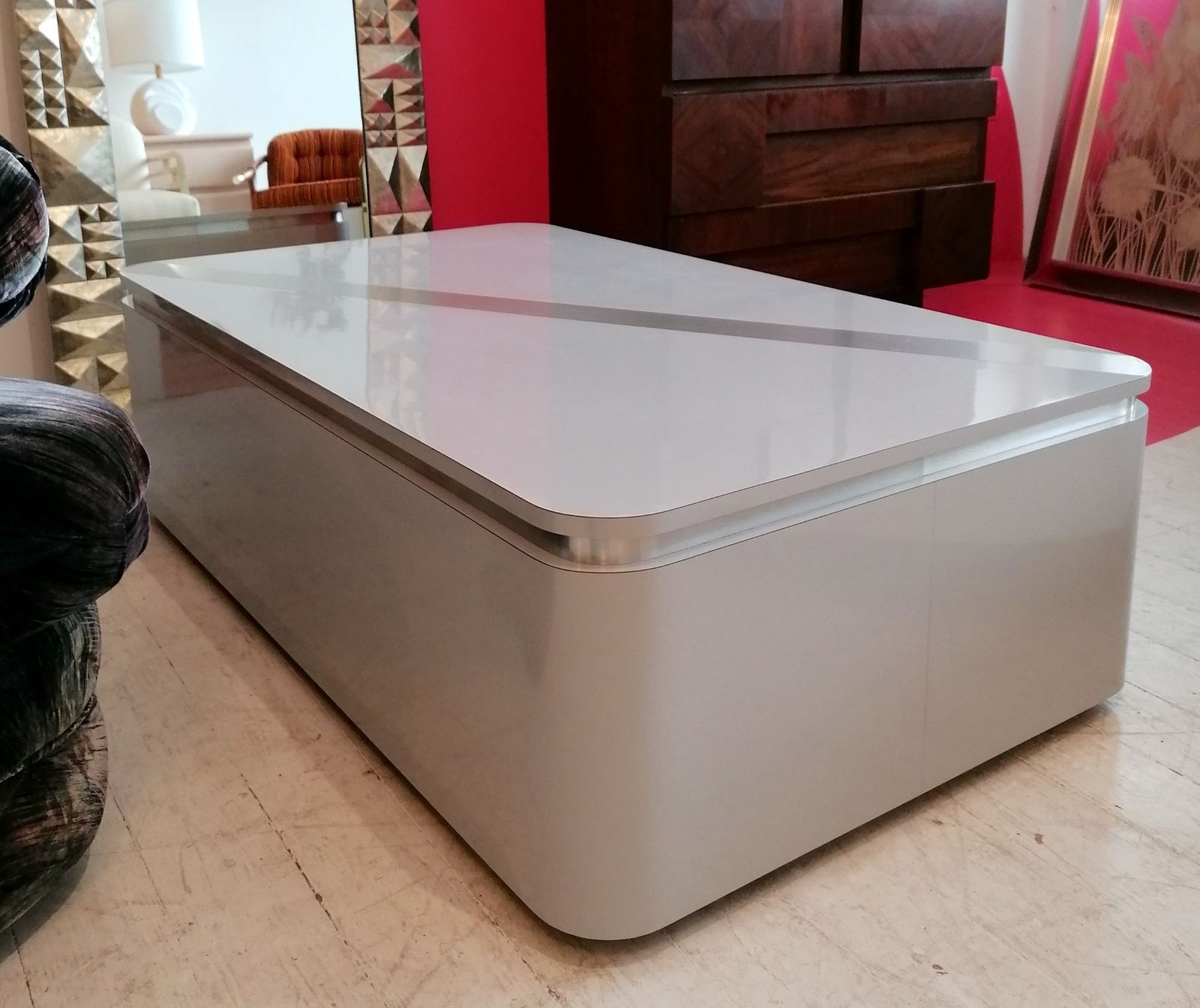 photo buy Large Post Modern Vintage 1980s American Grey Laminate Coffee Table With Inlaid Steel Stripe & Recessed Trim.