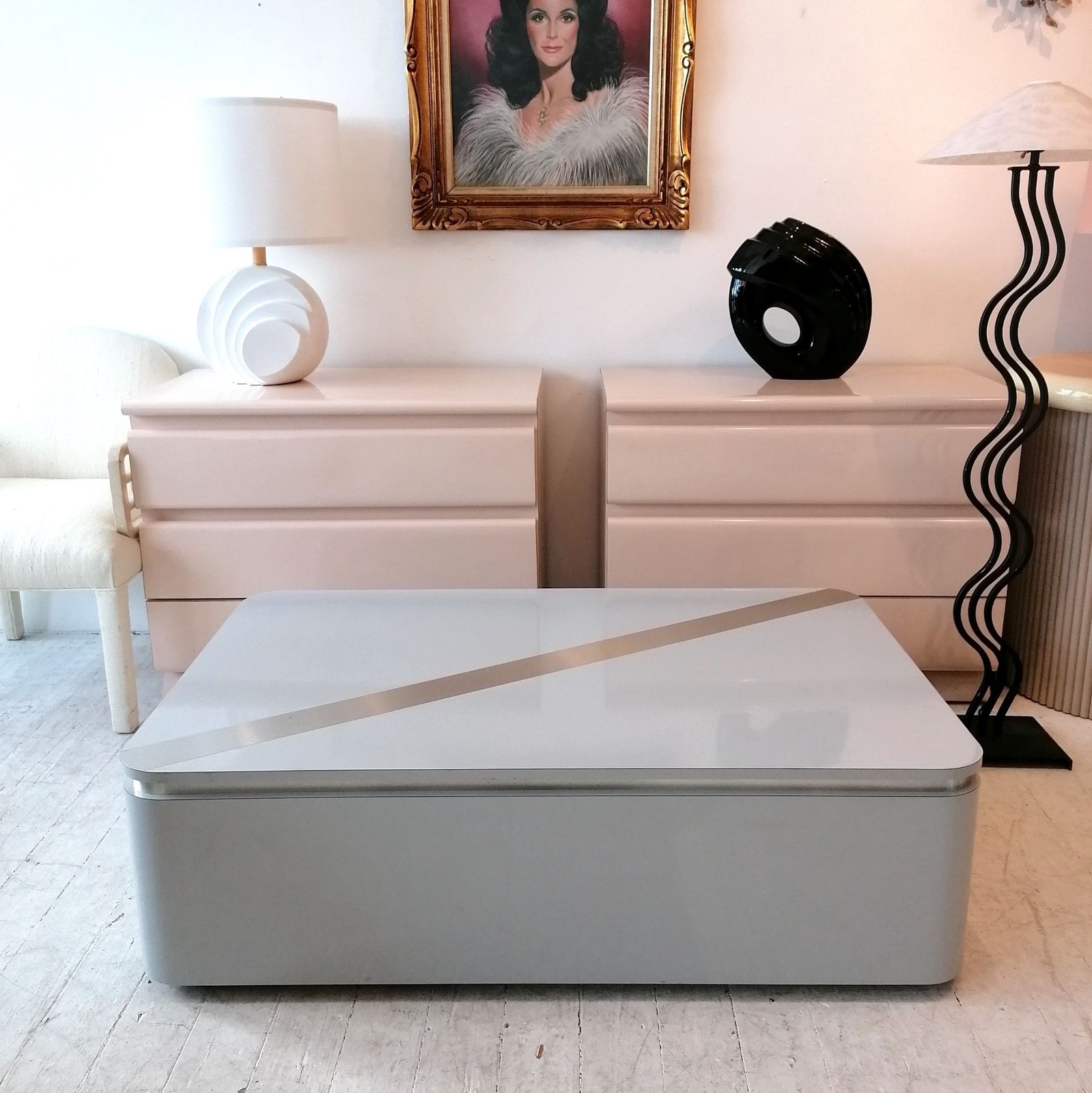 Large Post Modern Vintage 1980s American Grey Laminate Coffee Table With Inlaid Steel Stripe & Recessed Trim.