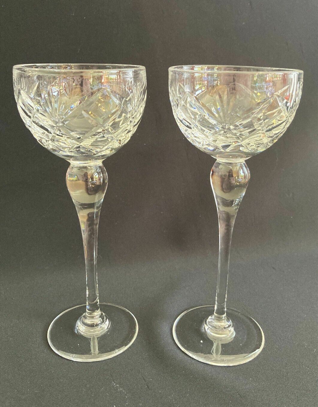 Vintage 1970s Set Of 6 Tall Handblown Cut Glass Hock Wine Glasses photo Home Decor
