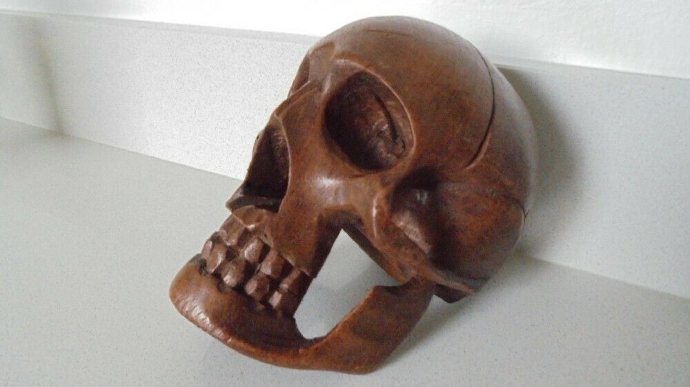 Early Carved Wooden Skull, 1800s photo vintage