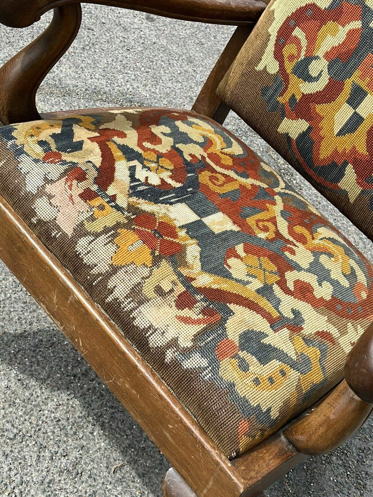 Victorian Oak Gentlemans Library Armchair With Coat Of Arms Tapestry. photo Furniture