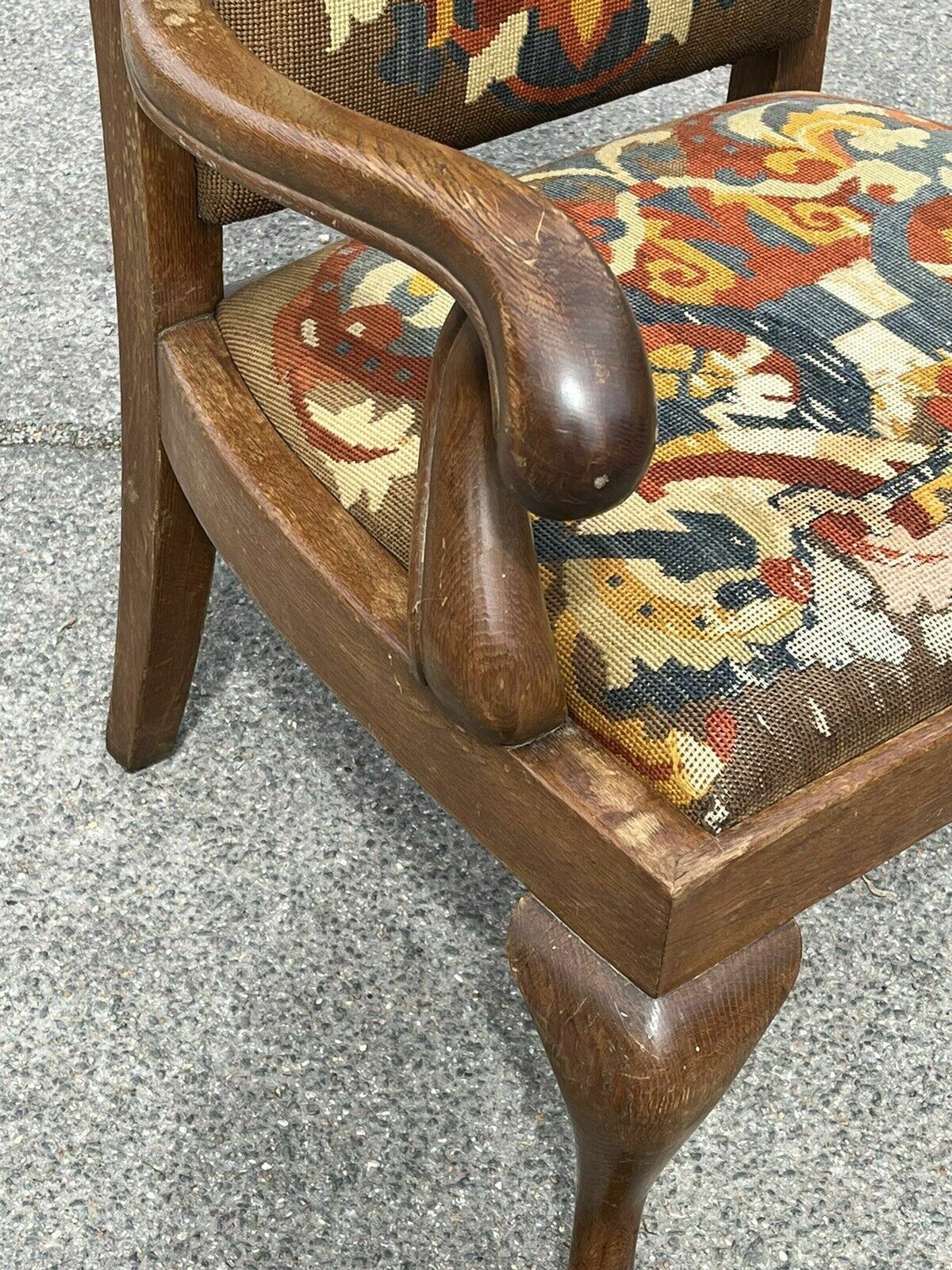 photo furniture Victorian Oak Gentlemans Library Armchair With Coat Of Arms Tapestry.