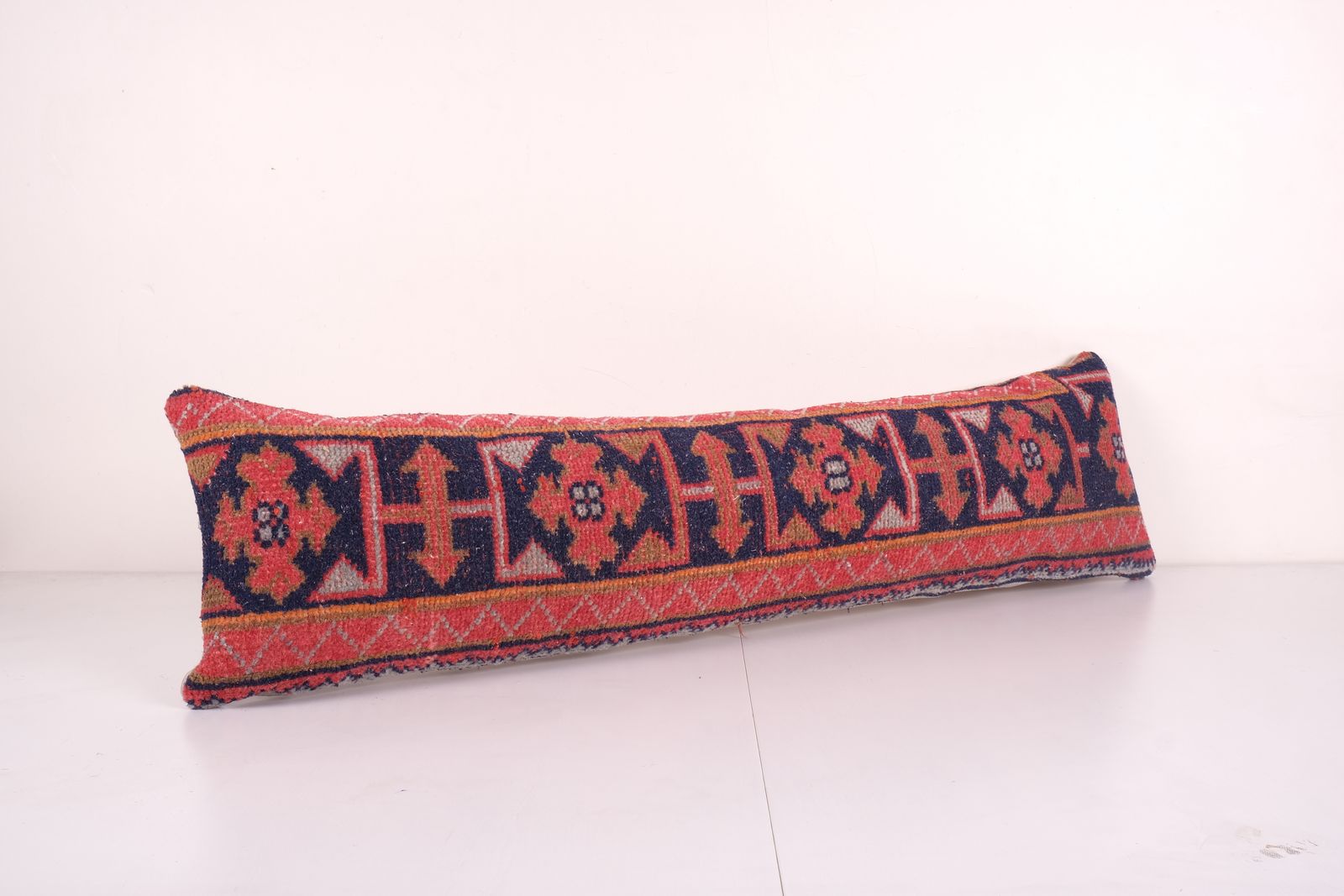 Muted Anatolian Bedding Rug Pillow, Organic Wool Ethnic Handmade Lumbar Cover, Vintage Carpet Bohemian Bedding Pillowcase 11'' X 41'' photo for sale