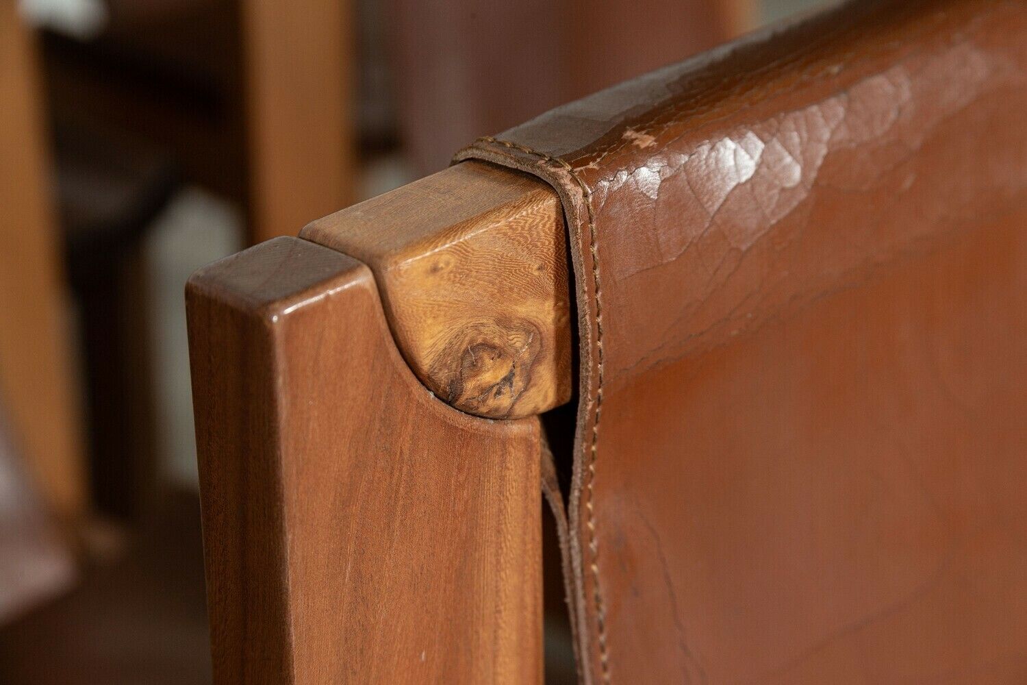 photo vintage Set 8 French Roland Haeusler Elm And Leather Brutalist Chairs