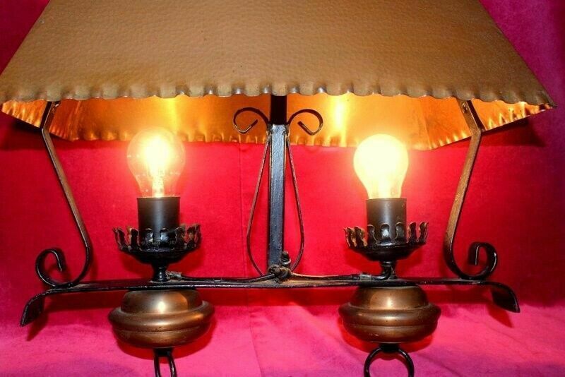Antique French Copper And Cast Iron Lamp 2 Lights Rustic Gothic Chandelier photo Lighting