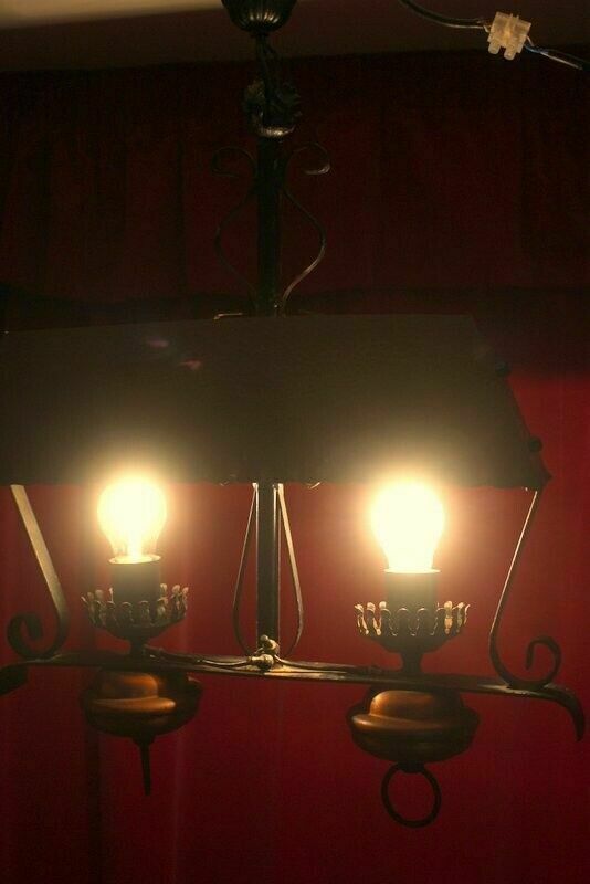 Antique French Copper And Cast Iron Lamp 2 Lights Rustic Gothic Chandelier photo buy