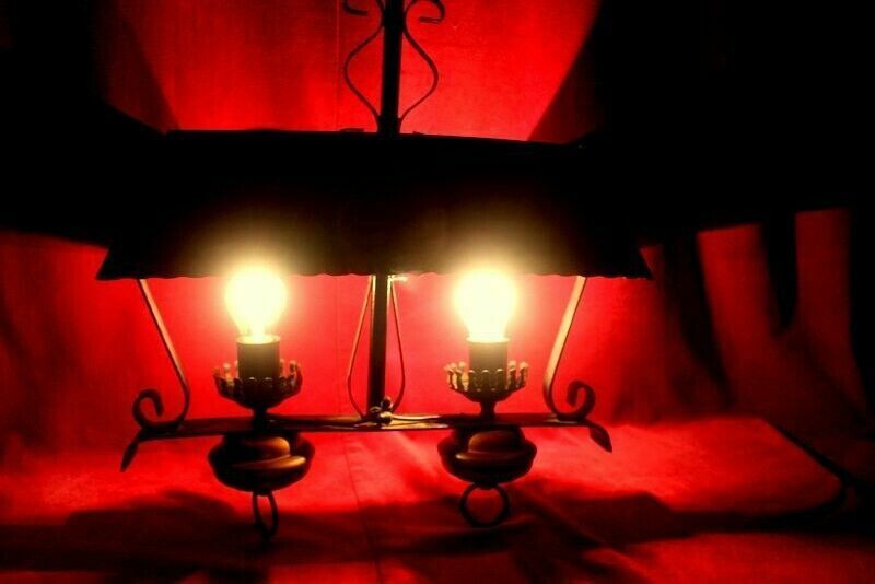 photo furniture Antique French Copper And Cast Iron Lamp 2 Lights Rustic Gothic Chandelier