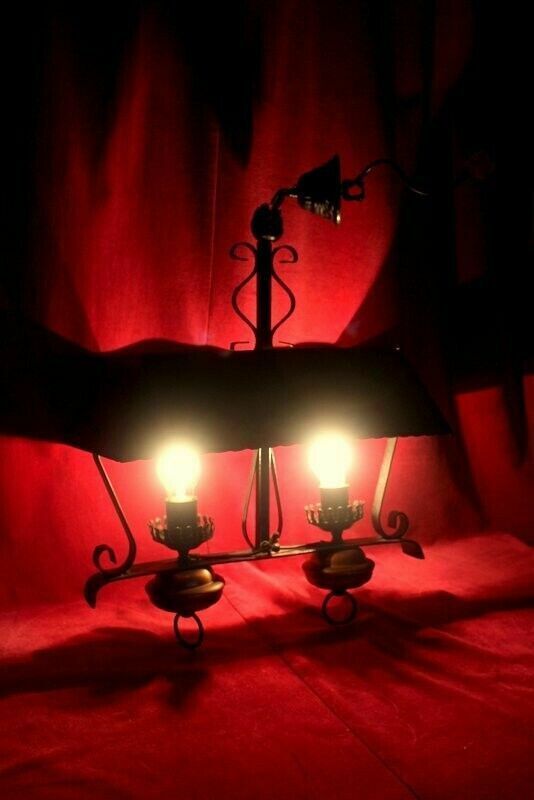 photo for sale Antique French Copper And Cast Iron Lamp 2 Lights Rustic Gothic Chandelier