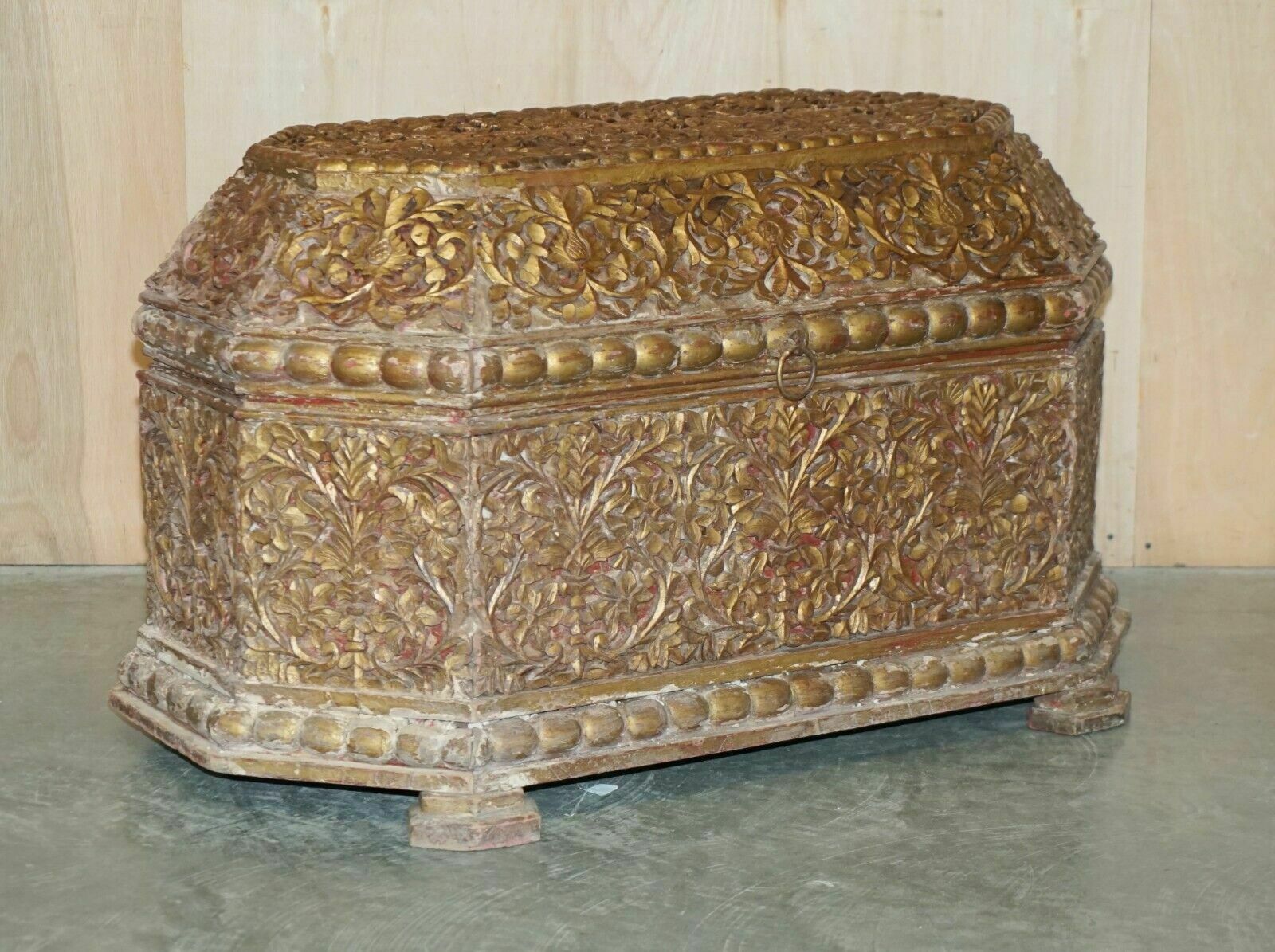 Antique Indian 18th Century Hand Carved & Painted Coffer Linen Trunk Or Chest