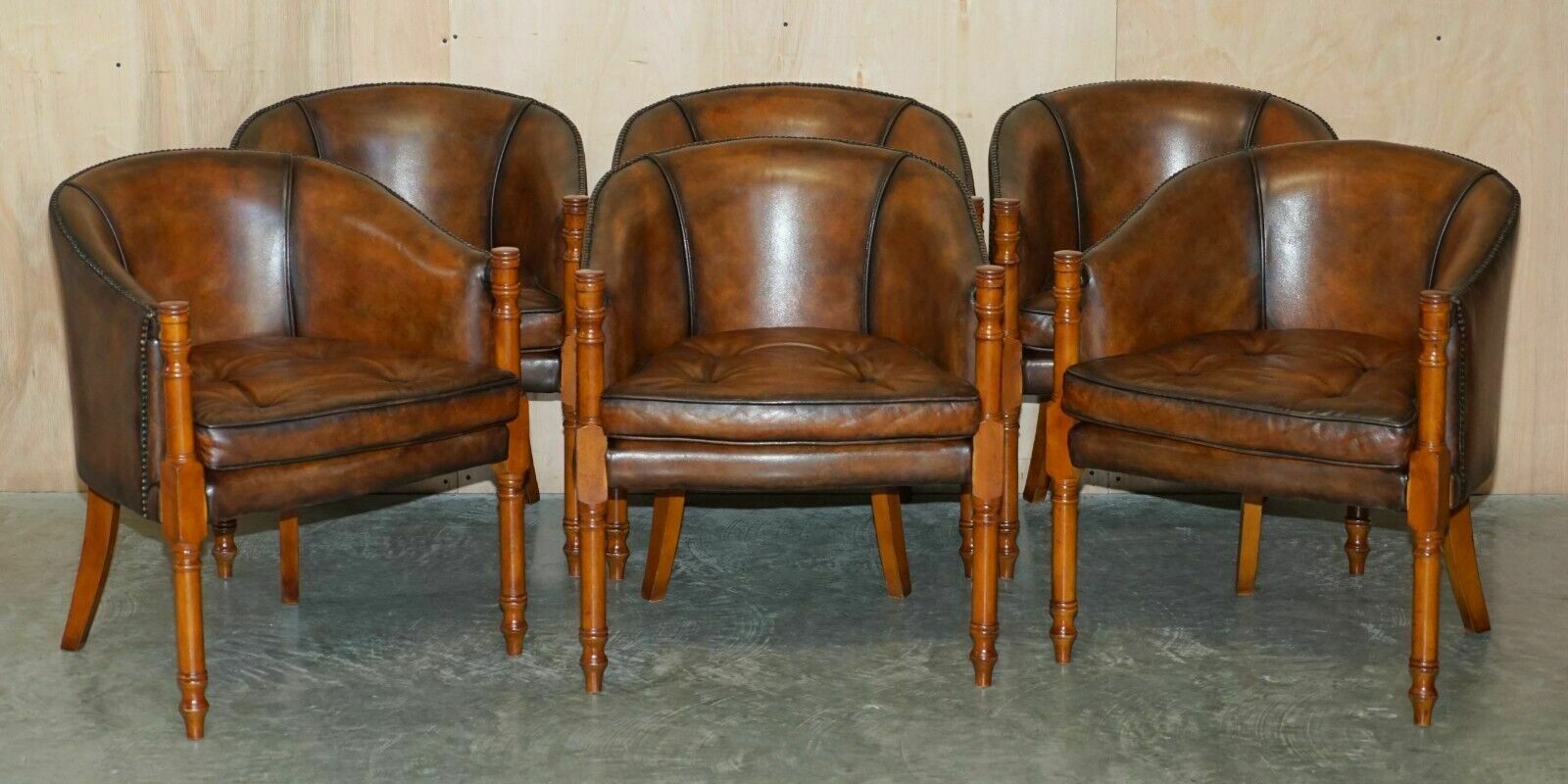 Six Hand Dyed Brown Leather Thomas Chippendale Chesterfield Tub Club Armchairs