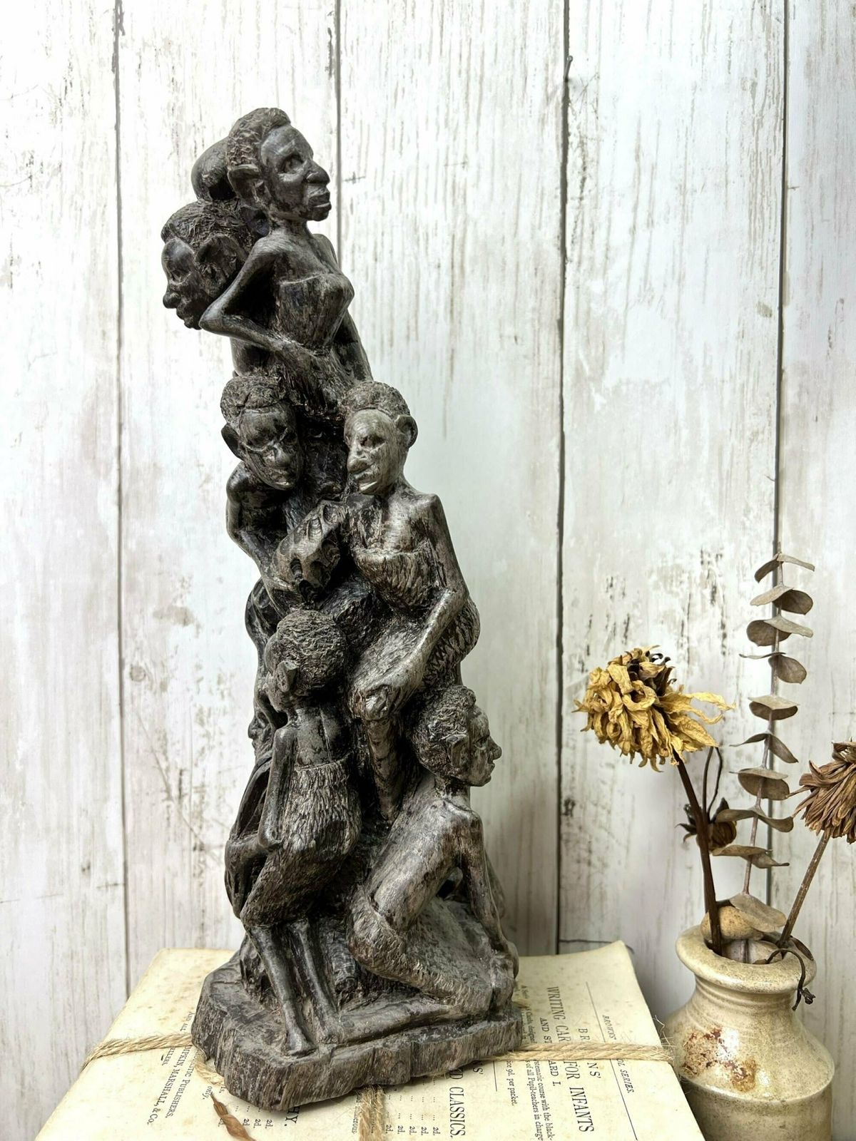 Vintage Wooden Hand Carved African Folk Art Makonde Tree Of Life Family Statue