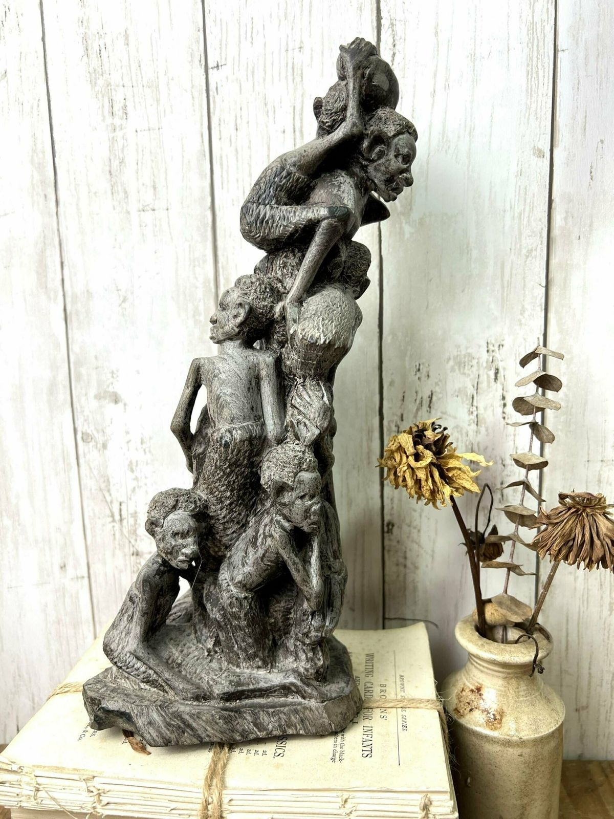Vintage Wooden Hand Carved African Folk Art Makonde Tree Of Life Family Statue photo furniture