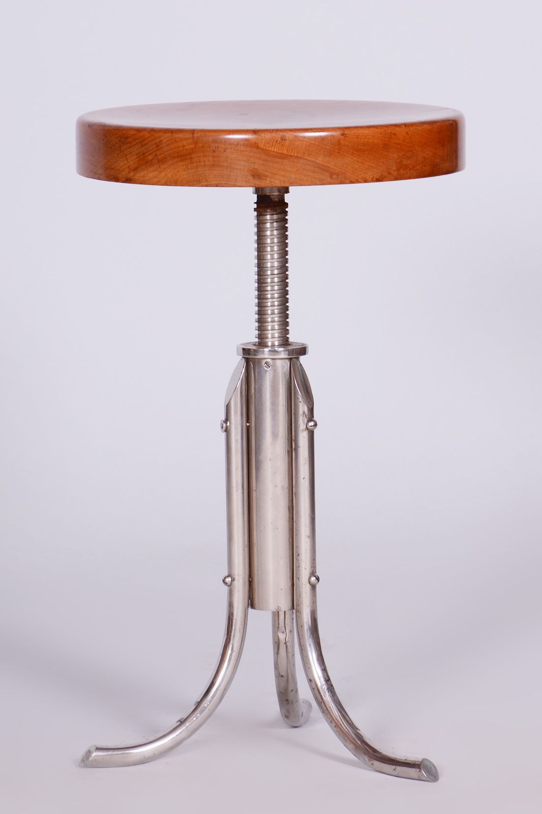 Restored Bauhaus Stool, Mücke Melder, Beech, Chrome Plated Steel, Czechia, 1930s photo buy