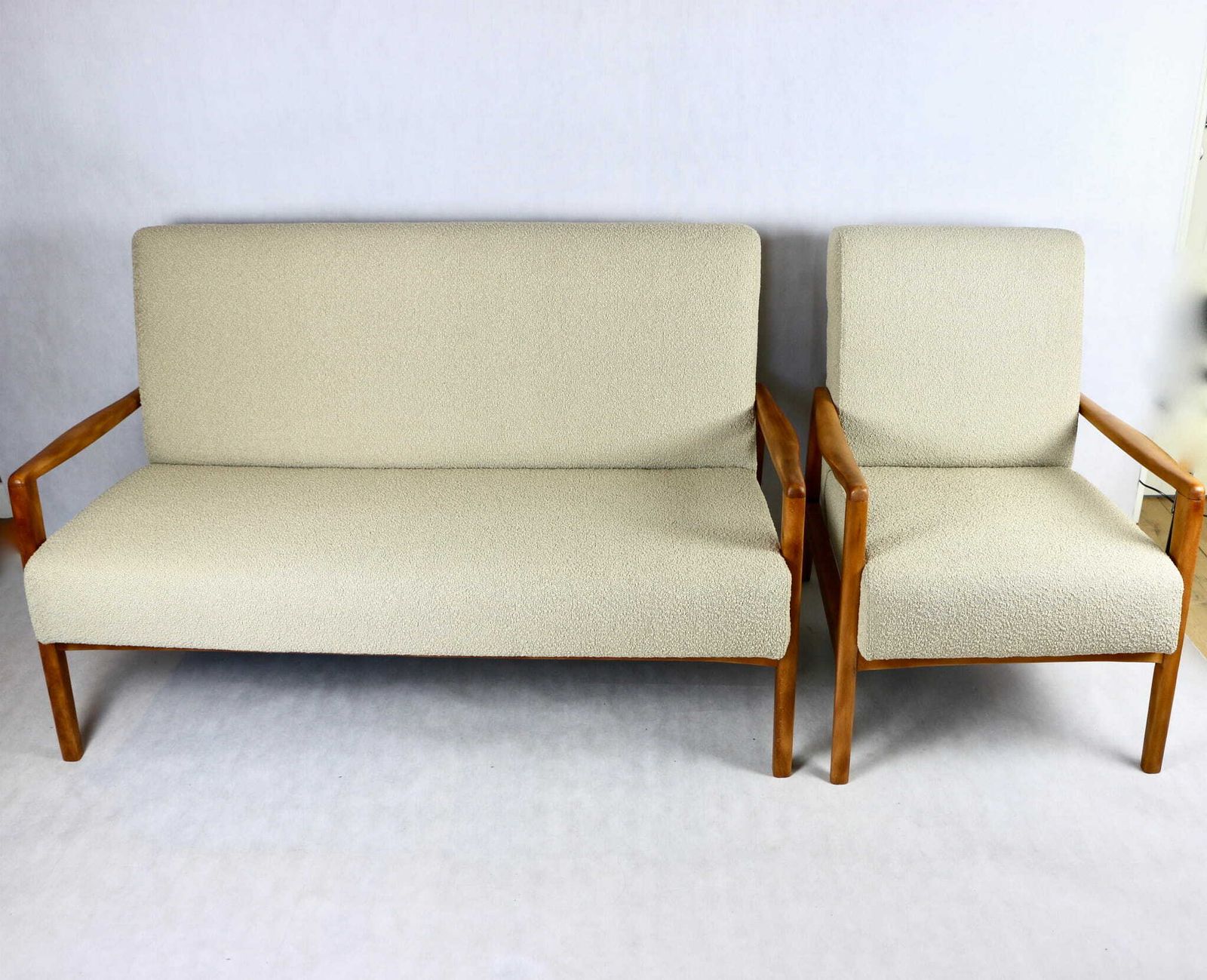 Beautiful Vintage Two Three Seater Sofa With Armchairs From The 70s   Beige Boucle photo furniture