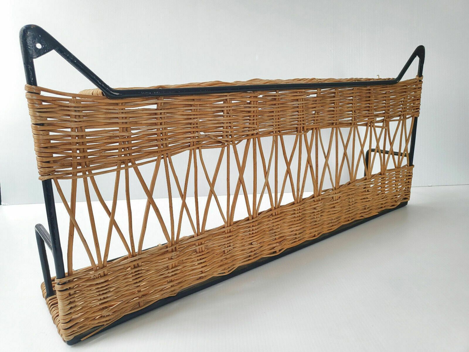 Vintage Wandplank Met Kattenorendesign, Jaren 1950, Rotan En Staal, Rockabilly 50s photo Meubels