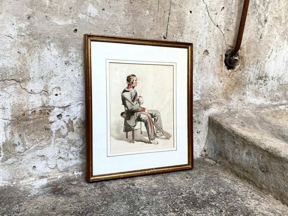 Original Watercolour In Frame   Portrait Of A Soldier   Study   Attributed To James Curnock (1812 1870) photo furniture