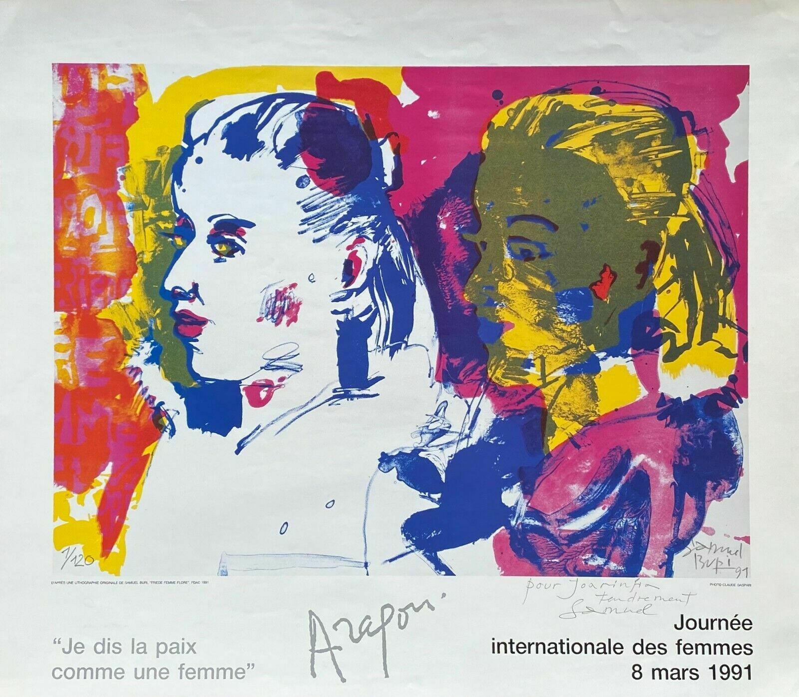 Poster Samuel Buri Signed Pencil International Women's Day 1991 Aragon