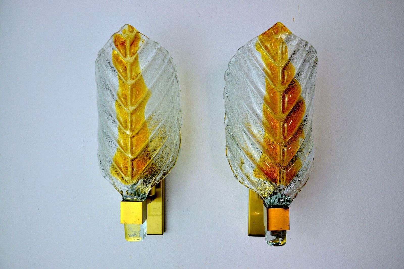 Pair Of "Leaf" Wall Lamps By Carl Fagerlund, Orange Murano Glass, Germany, 1970 photo Lighting