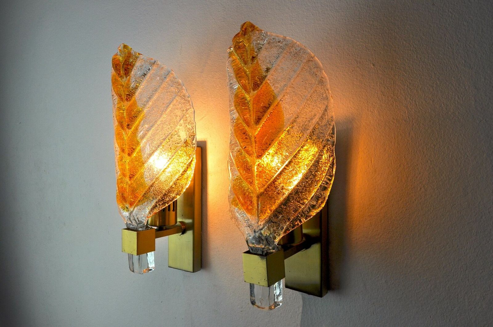 photo furniture Pair Of "Leaf" Wall Lamps By Carl Fagerlund, Orange Murano Glass, Germany, 1970