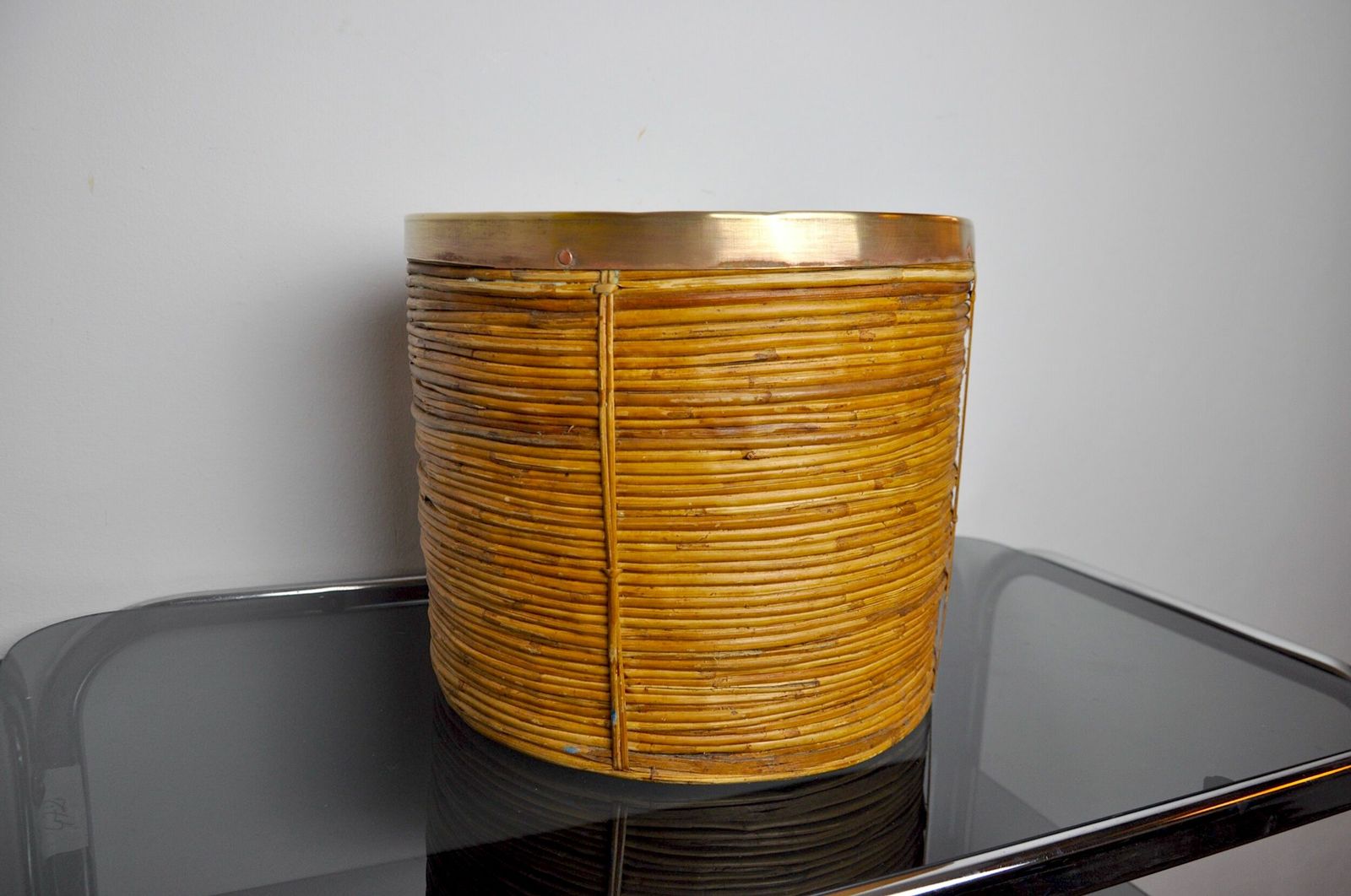 Rattan And Brass Planter Basket, Italy, 1970 photo buy