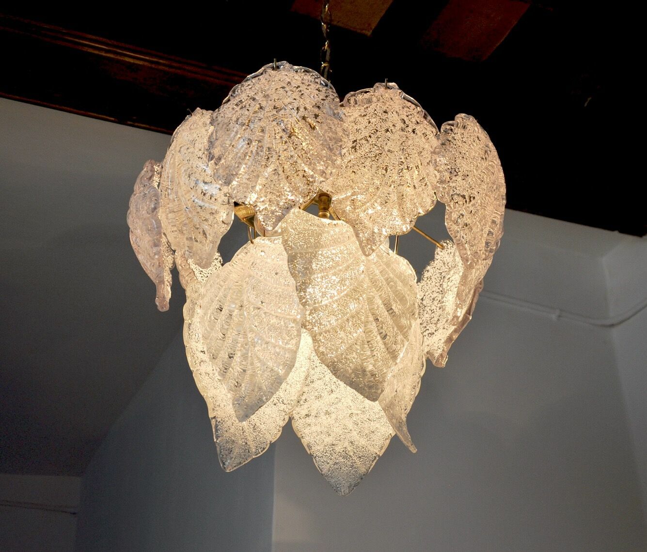 Chandelier "Leaves" 2 Levels, Frosted Glass, Murano Mazzega, Italy 1960 photo Lighting