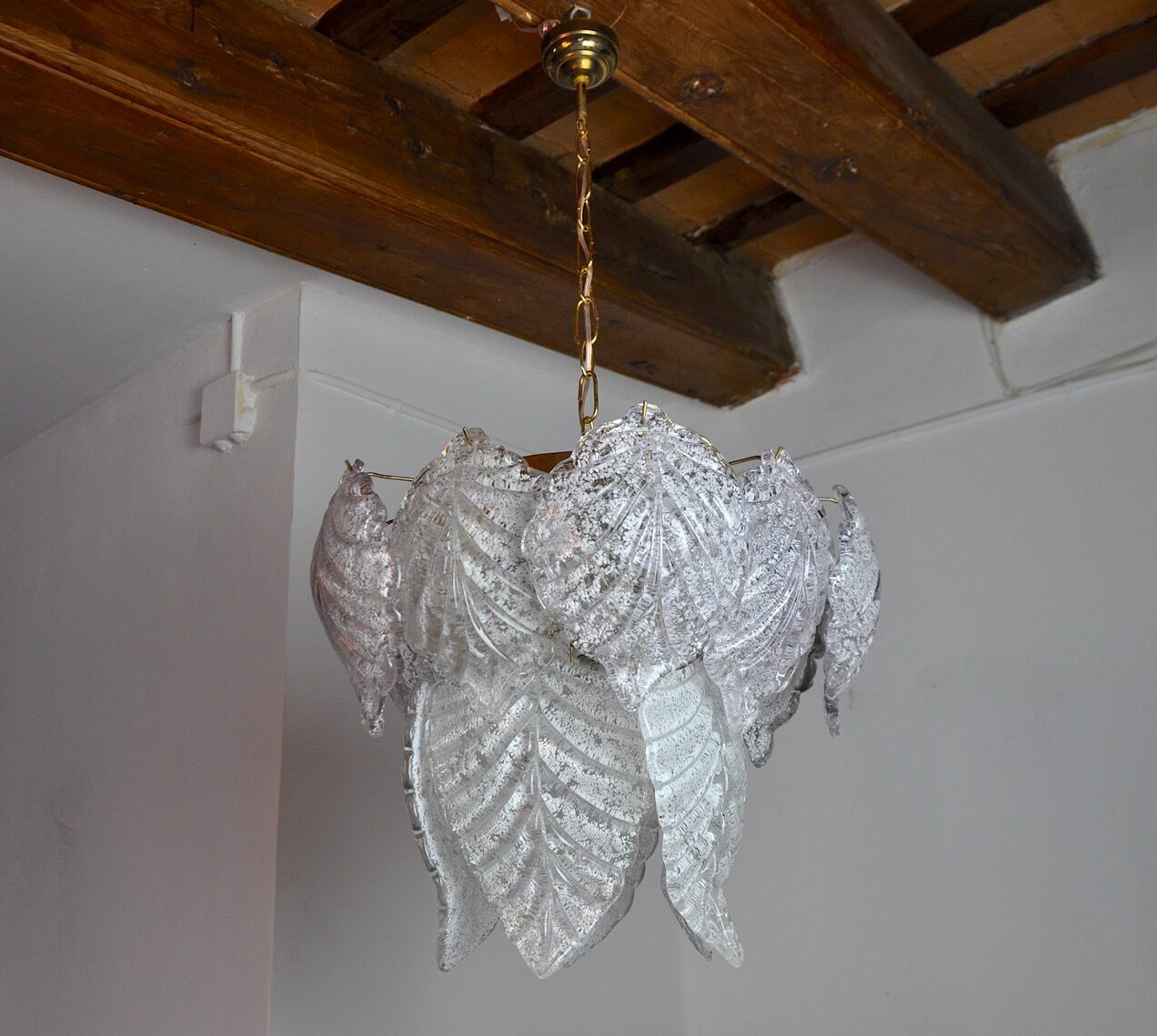 Chandelier "Leaves" 2 Levels, Frosted Glass, Murano Mazzega, Italy 1960 photo 2534.0