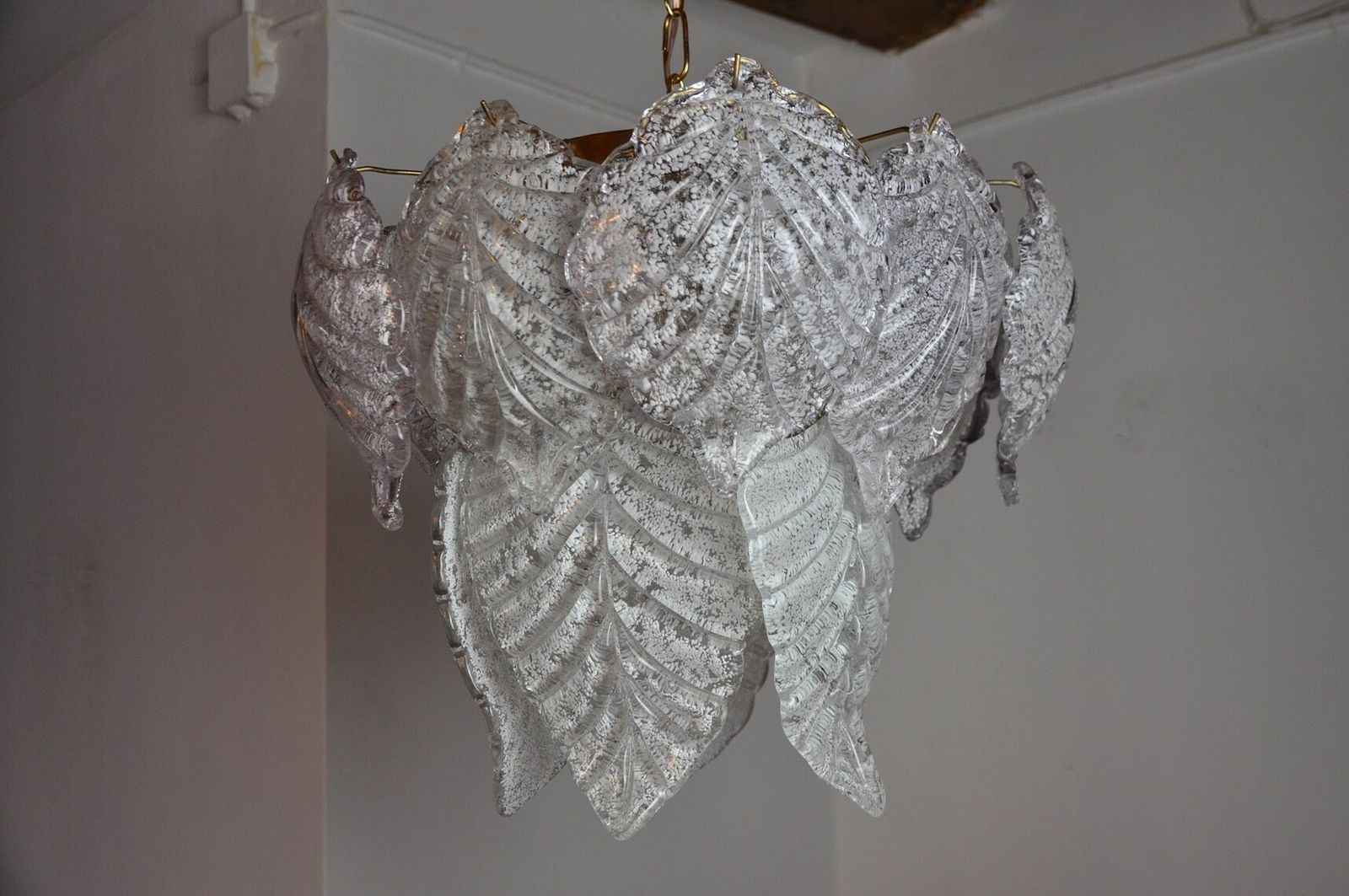 Chandelier "Leaves" 2 Levels, Frosted Glass, Murano Mazzega, Italy 1960 photo buy