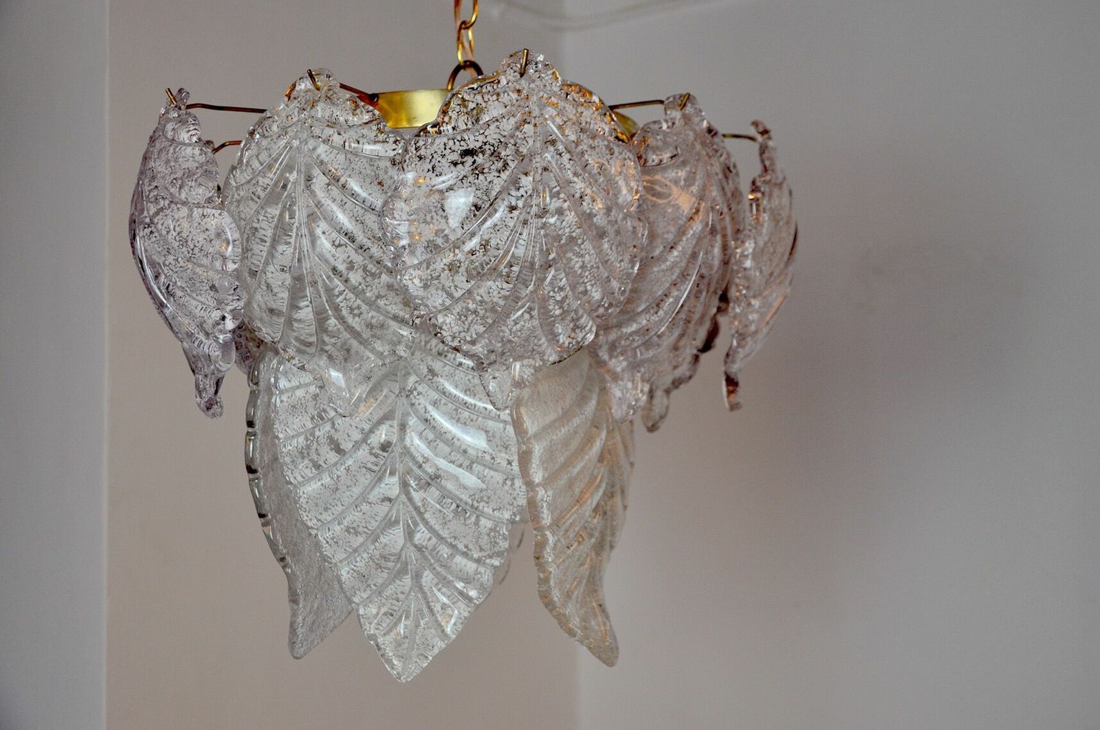 Chandelier "Leaves" 2 Levels, Frosted Glass, Murano Mazzega, Italy 1960 photo vintage