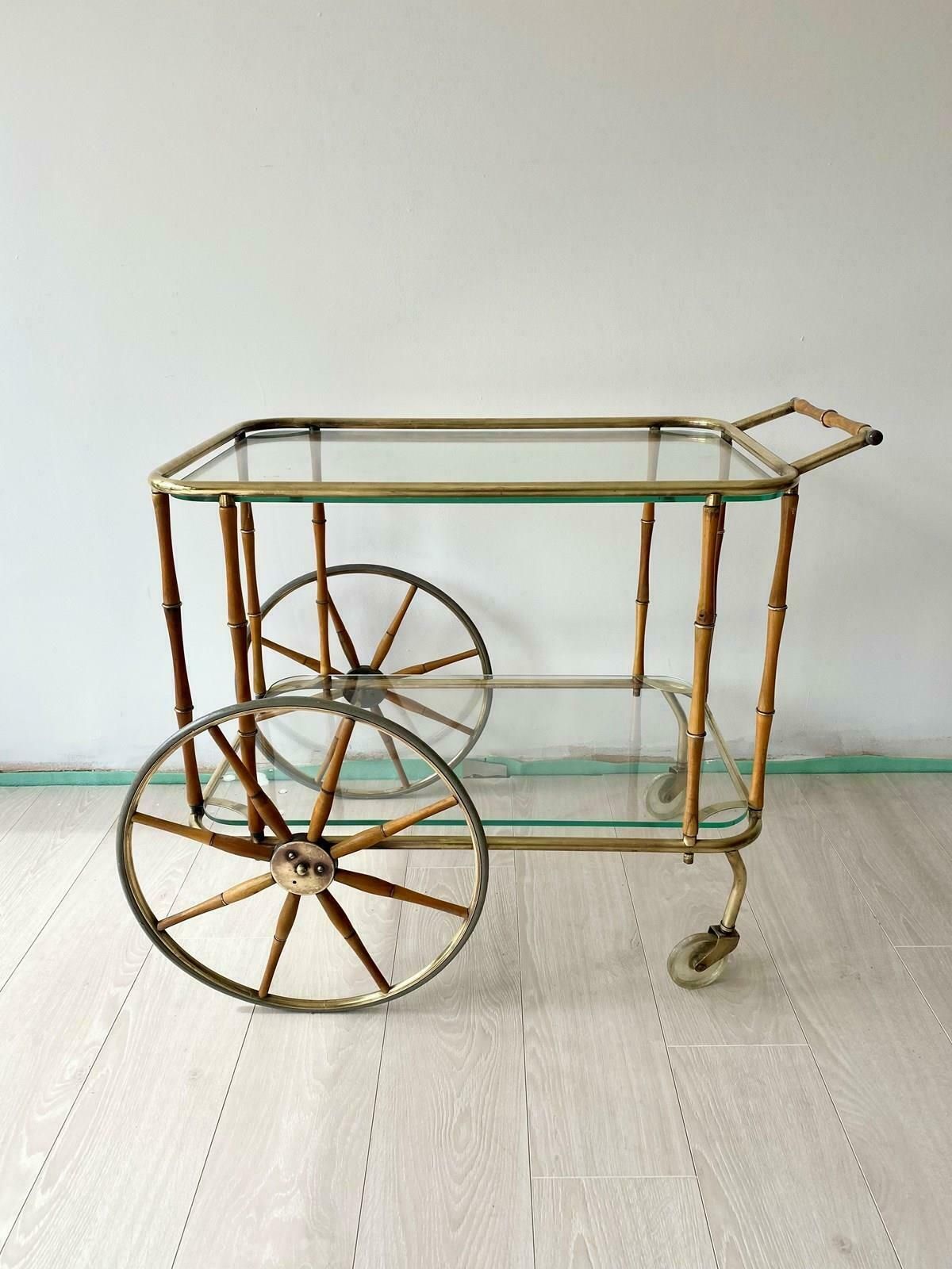 photo for sale Maison Jansen Faux Bamboo & Brass Drinks Trolley