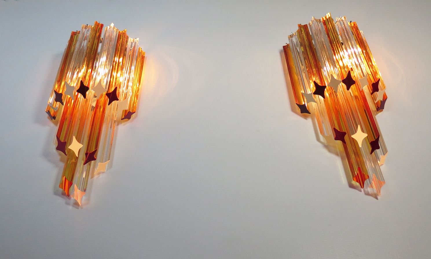 photo for sale Pair Of Vintage Murano Wall Sconce – 32 Quadriedri Amber And Trasparent Prism