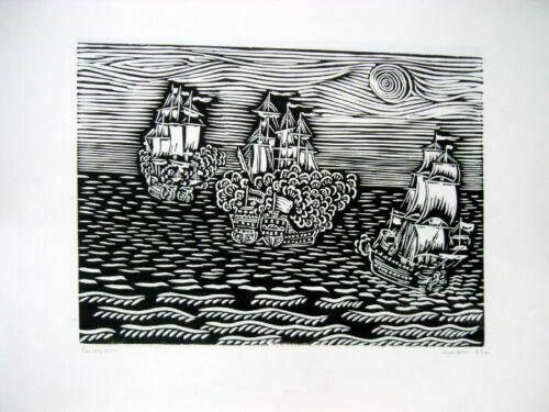 Linocut By Felix Richard  Engraving Signed Marine Bateau 1969 Masereel