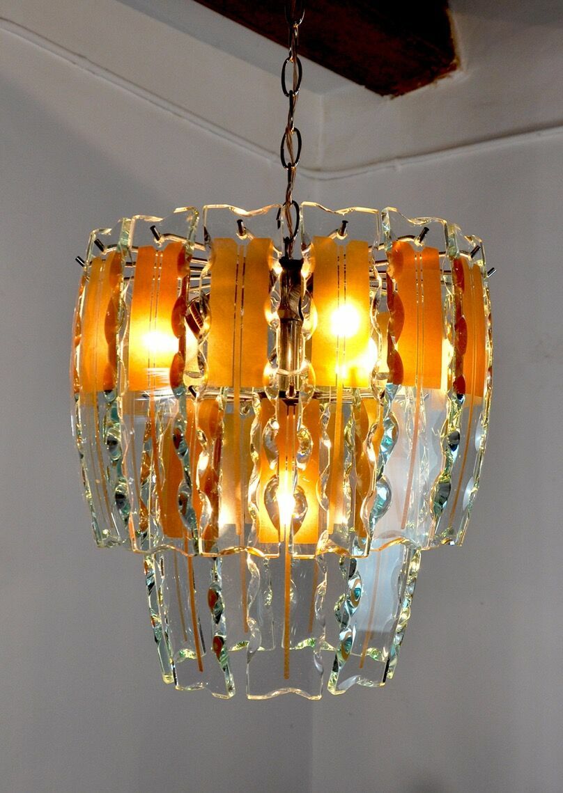 photo furniture Zero Quattro Chandelier In Brown Cut Glass From Murano Italy 1970