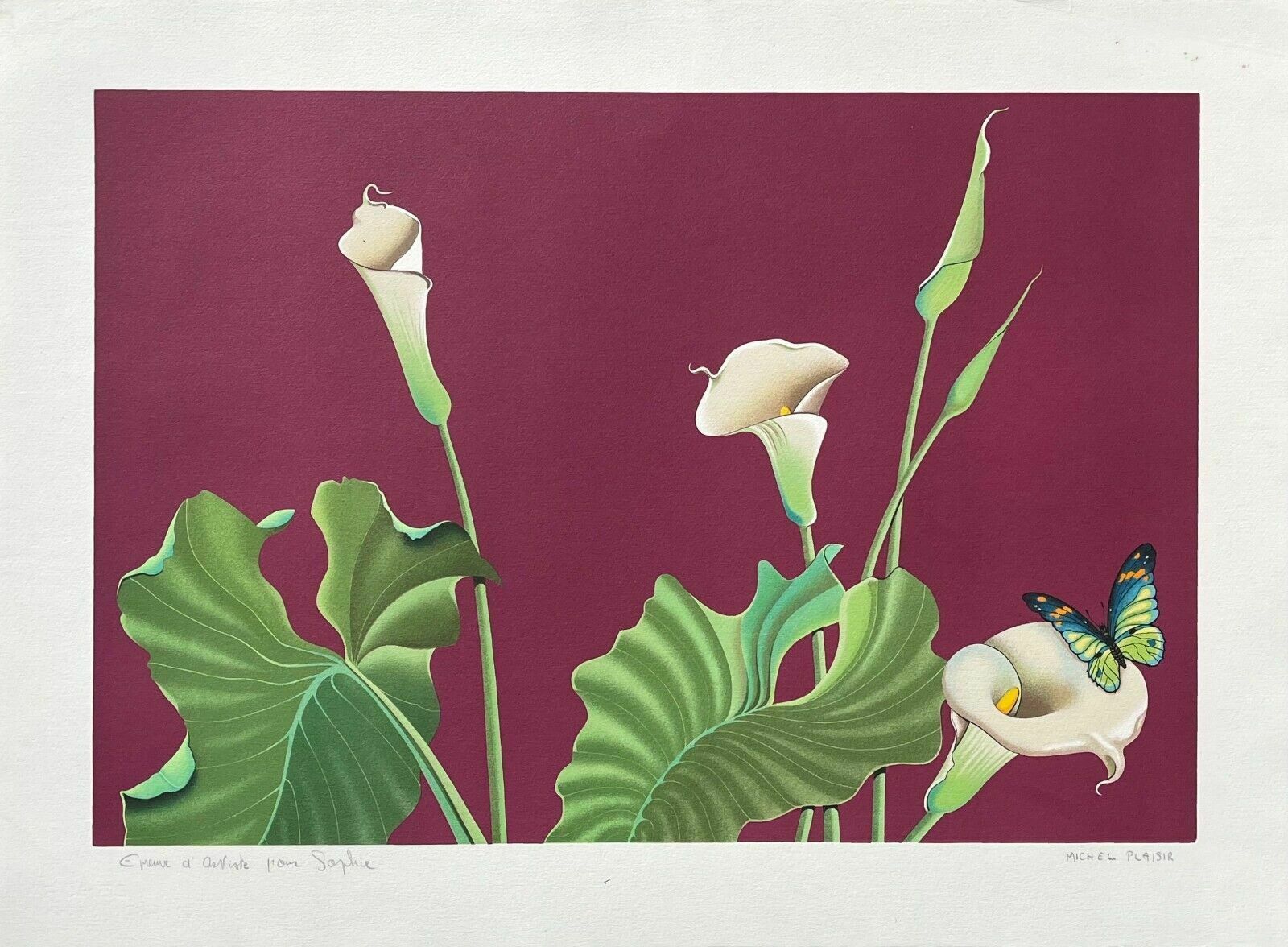 Michel Plaisir, lithographie signée, nature morte au papillon
