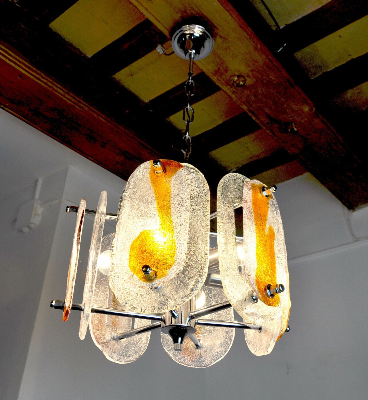 Mazzega Murano Chandelier, Orange Frosted Glass, Italy, 1970 photo vintage