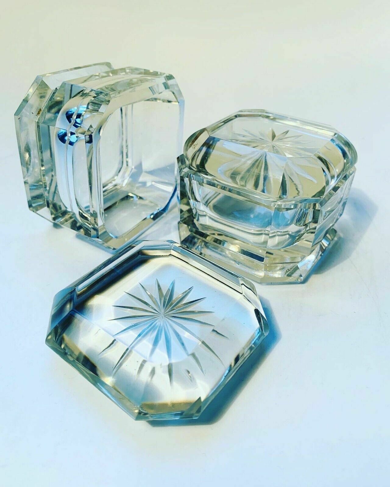 Pair Of Art Deco Crystal Glass Lidded Vanity Dresser Jars photo for sale