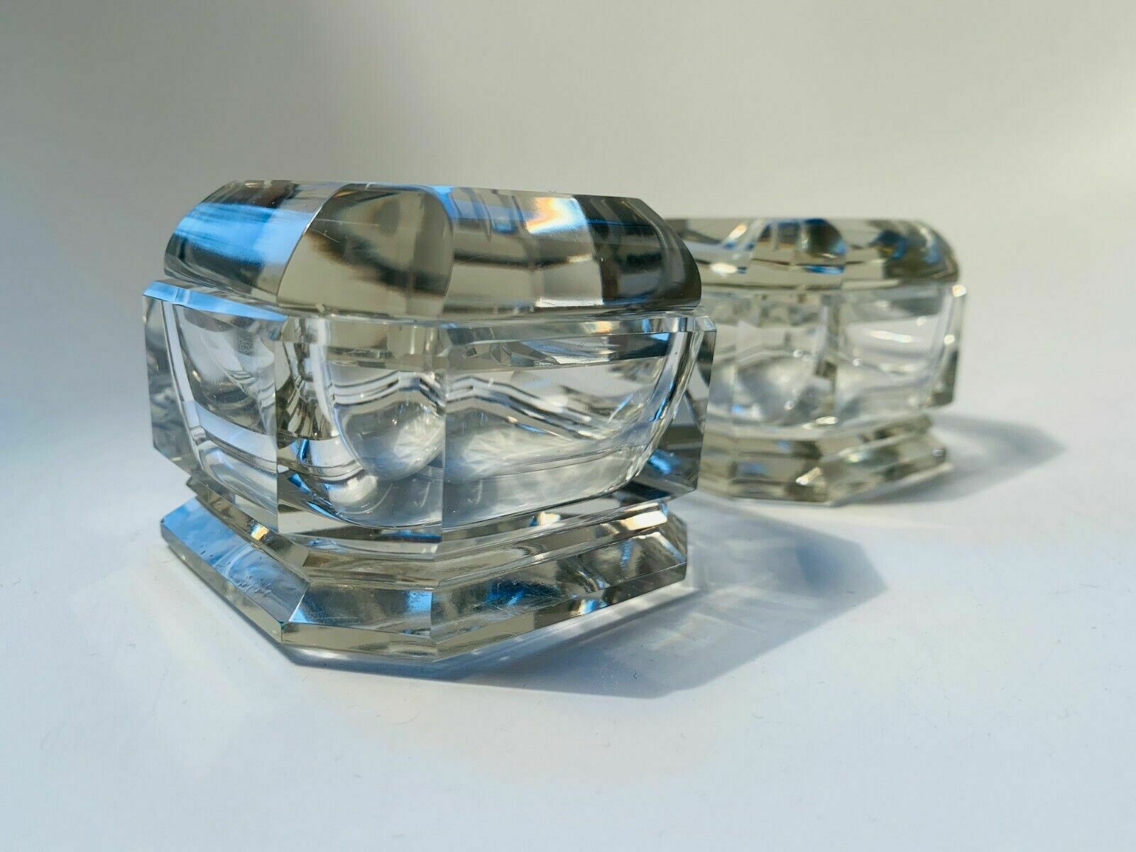 50.0 Pair Of Art Deco Crystal Glass Lidded Vanity Dresser Jars photo