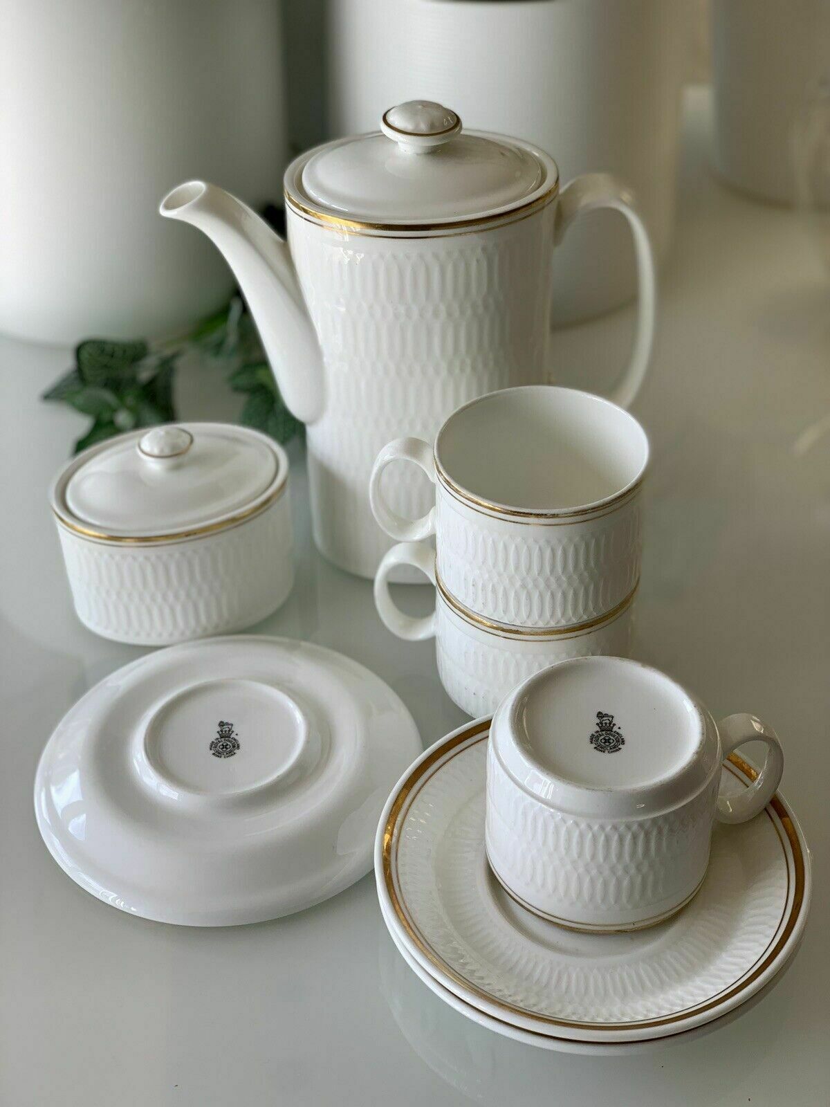 photo for sale Antique Royal Doulton Coffee Pot, 3 Cups & Saucers, 2 Lidded Pots & Gravy Boat