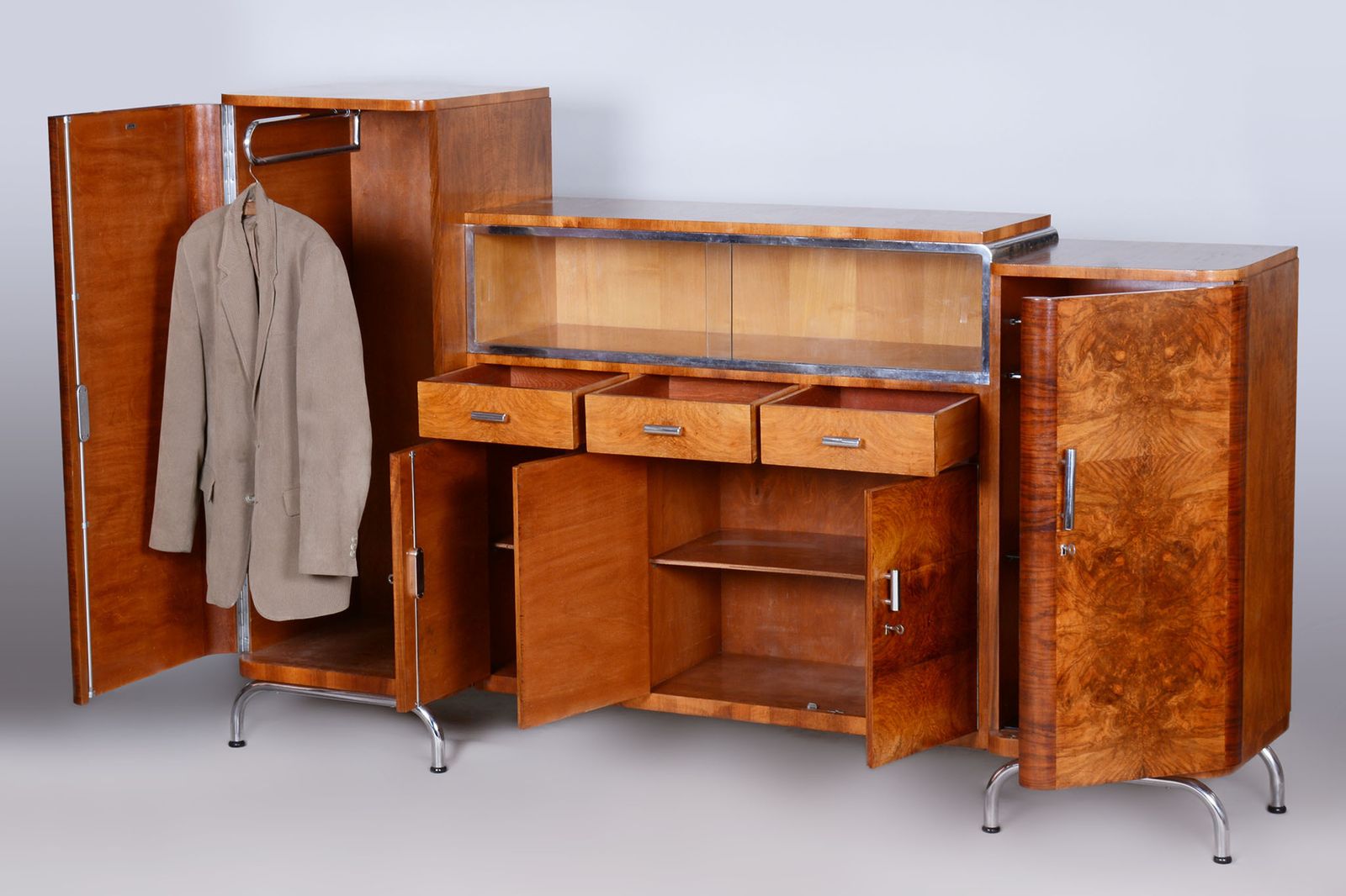 Furniture Restored Walnut Bauhaus Sideboard By Robert Slezak, Chrome Plated Steel, Czechia, 1930s photo