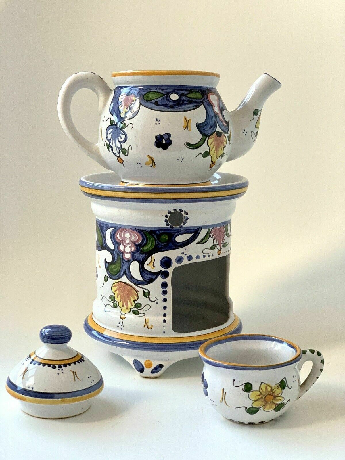 Hand Painted Faïence Décor Rouen Tisaniere Teapot & Warmer, French photo 50.0