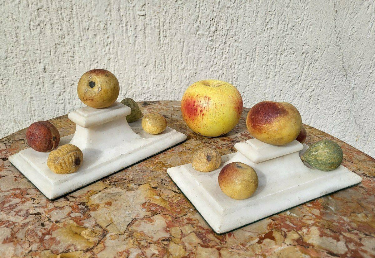 Pair Of Marble Paperweight With Fruits, Xixth Century