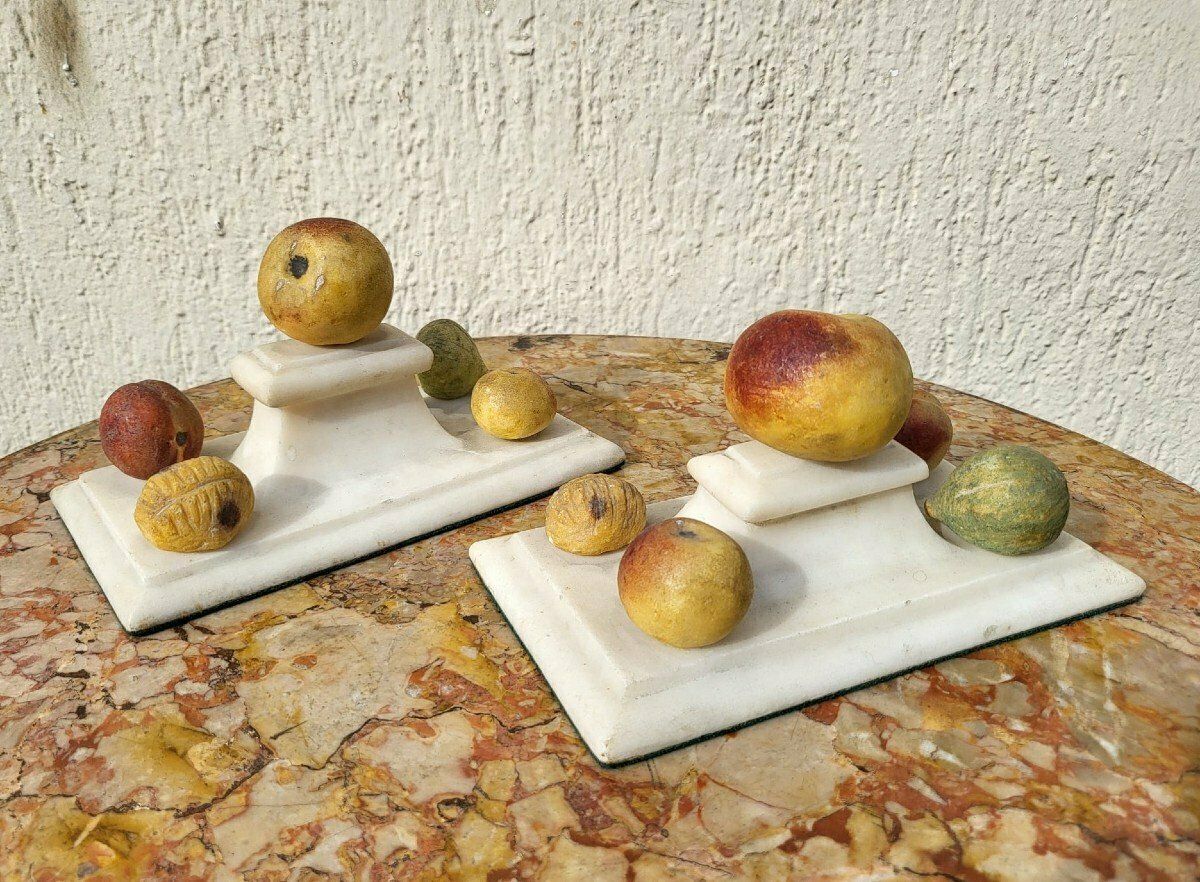 Pair Of Marble Paperweight With Fruits, Xixth Century photo vinterior