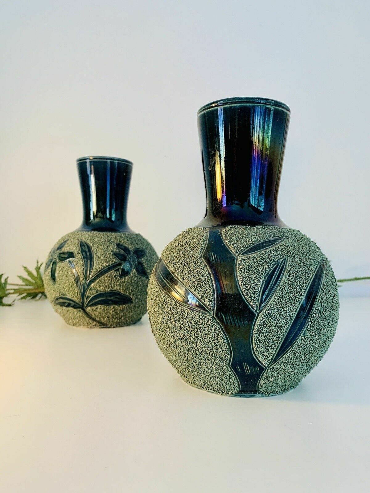 Rare Pair Of Majolica Forester & Sons Arbor Florescent Green Sanded Mantle Vases photo for sale