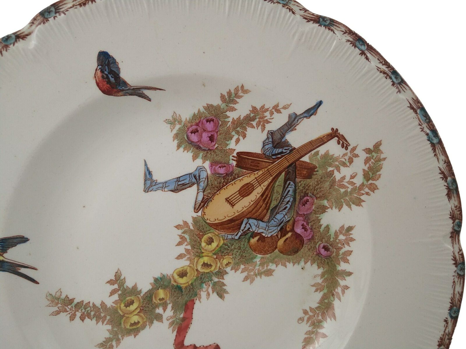 Antique French Ironstone Soup & Pasta Plates Set Of 4 By Choisy Le Roi With Transferware Birds, Roses And Musical Instruments photo vinterior