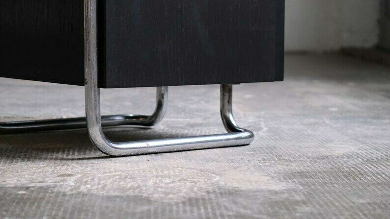 Bauhaus Bedside Table In Black With Chromed Tubular Steel photo vinterior