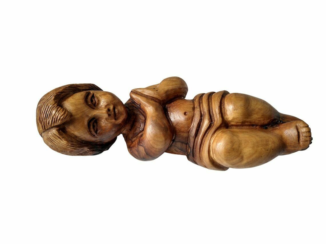 Hand Carved Olive Wood Baby Jesus Figurine, Vintage Holy Land Christian Souvenir, Christmas Nativity Figure photo for sale