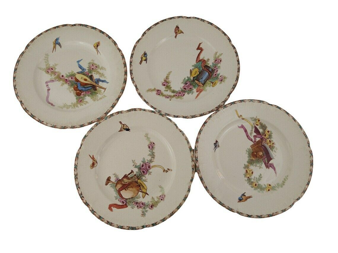 Antique French Ironstone Dinner Plates Set Of 4 By Choisy Le Roi With Transferware Birds, Roses And Musical Instruments