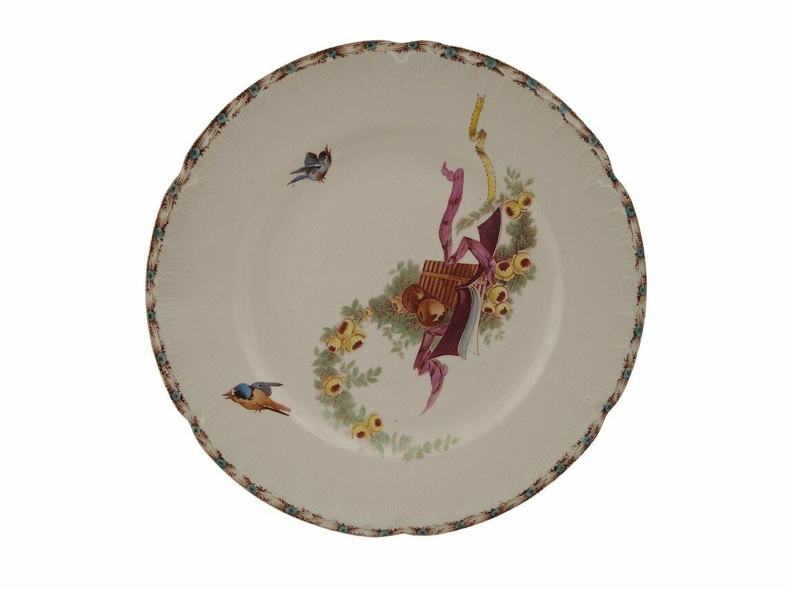 Antique French Ironstone Dinner Plates Set Of 4 By Choisy Le Roi With Transferware Birds, Roses And Musical Instruments photo vintage